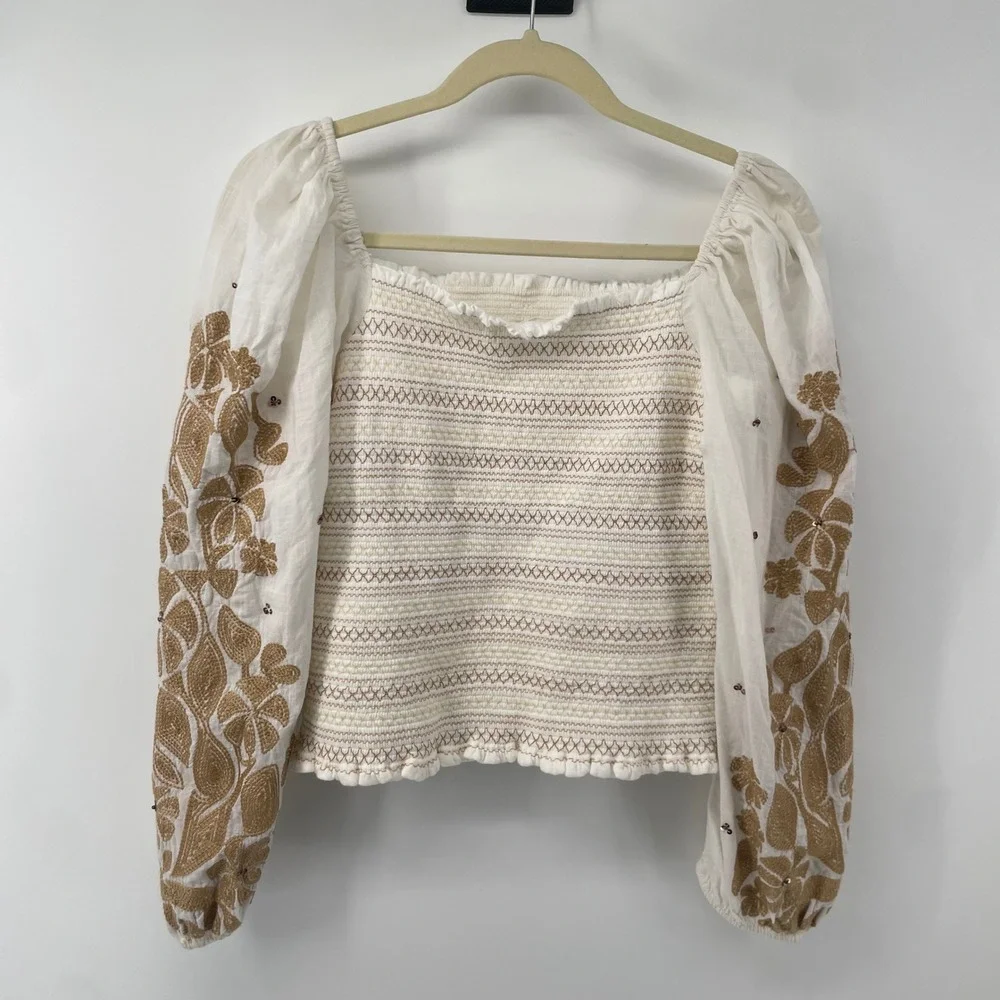 Anthropologie Blouse Womens L Ivory Smocked Embroidered Puff Sleeve Boho Peasant